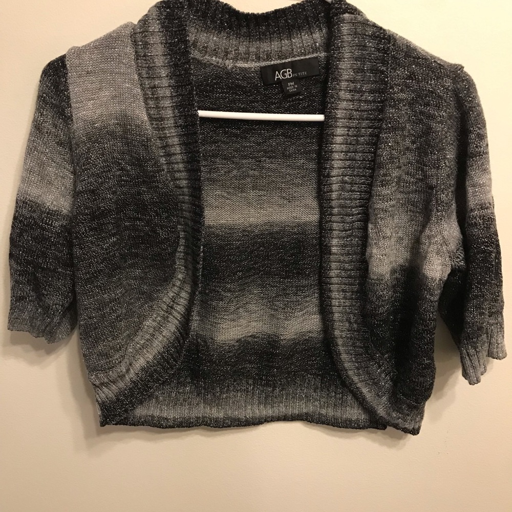 AGB medium, petite, sparkly light gray, silver & dark gray shoulder wrap sweater